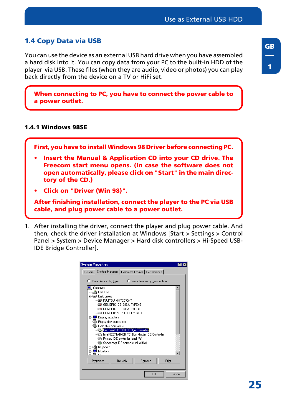 4 copy data via usb, 1 windows 98se | Freecom Technologies MediaPlayer Drive-In Kit User Manual | Page 25 / 78