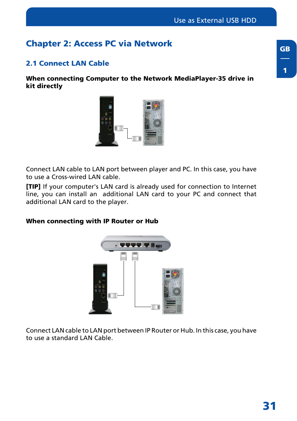 Chapter 2: access pc via network, 1 connect lan cable | Freecom Technologies MediaPlayer Drive-In Kit User Manual | Page 31 / 78