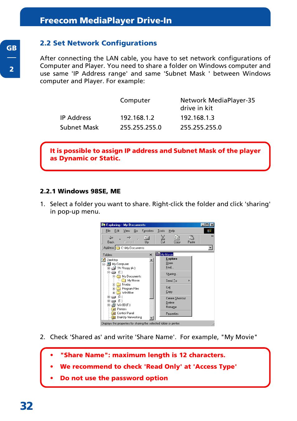 2 set network configurations, 1 windows 98se, me, Freecom mediaplayer drive-in | Freecom Technologies MediaPlayer Drive-In Kit User Manual | Page 32 / 78