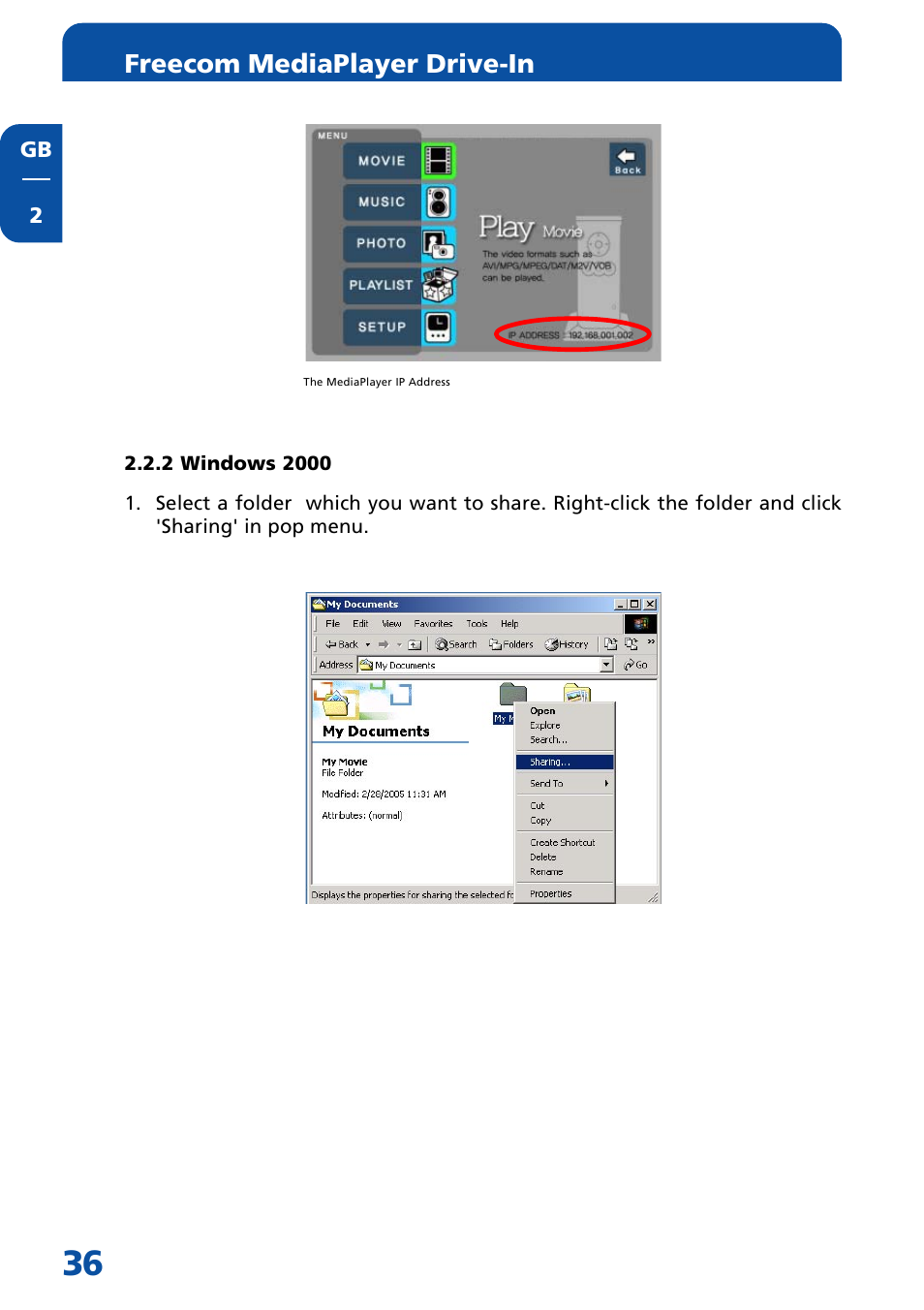 2 windows 2000, Freecom mediaplayer drive-in | Freecom Technologies MediaPlayer Drive-In Kit User Manual | Page 36 / 78