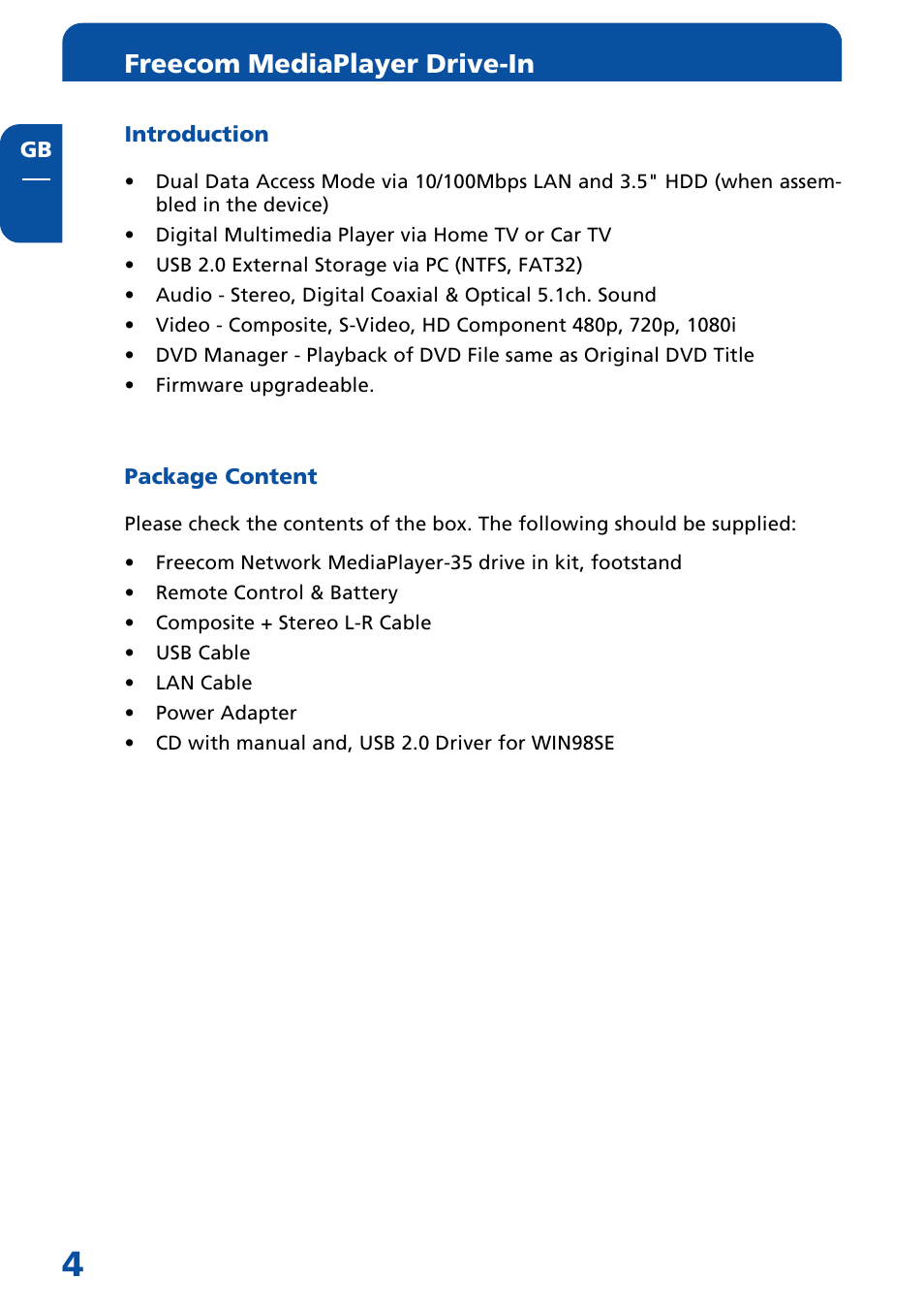 General information, Introduction, Package content | Freecom mediaplayer drive-in | Freecom Technologies MediaPlayer Drive-In Kit User Manual | Page 4 / 78