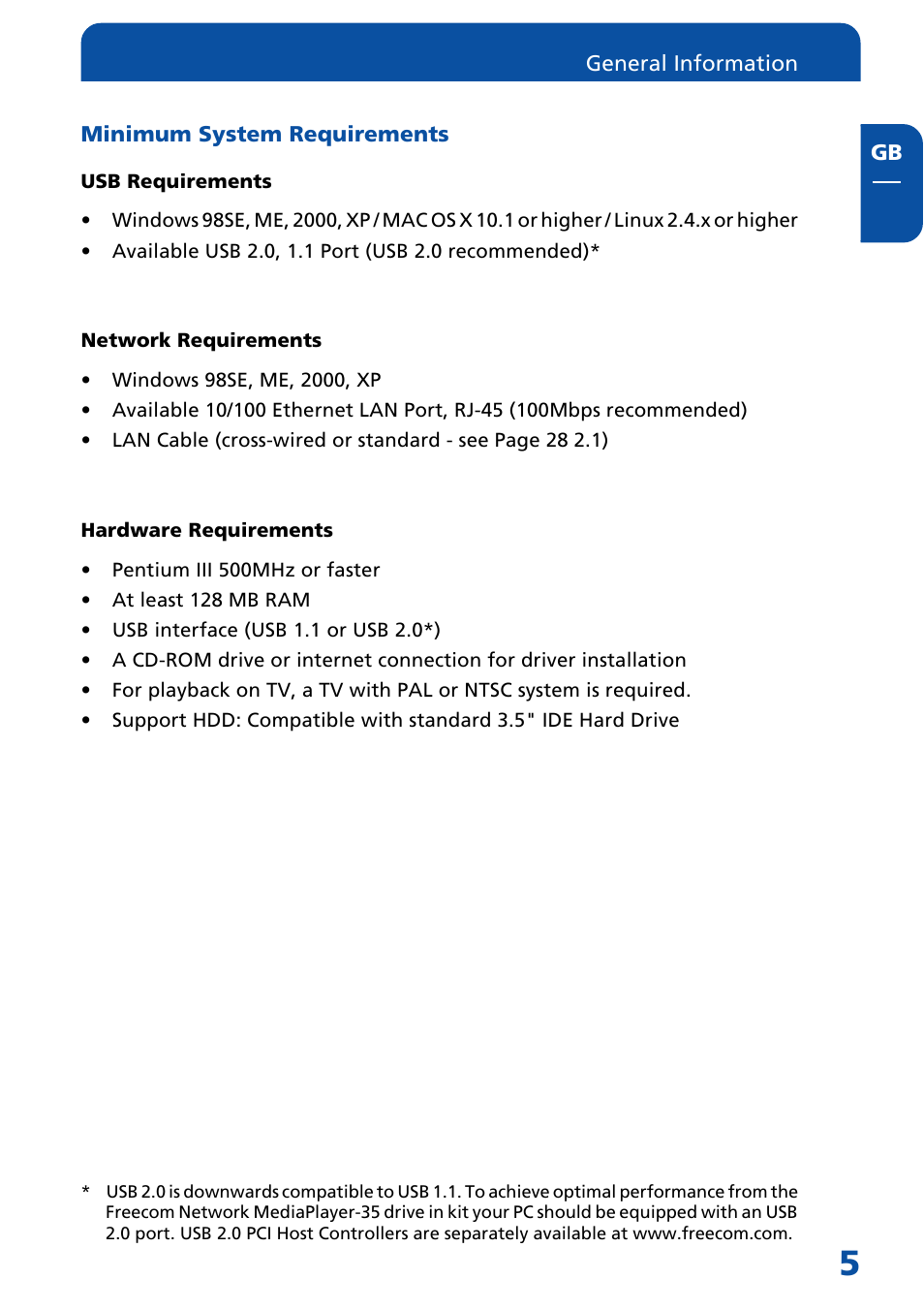 Minimum system requirements | Freecom Technologies MediaPlayer Drive-In Kit User Manual | Page 5 / 78