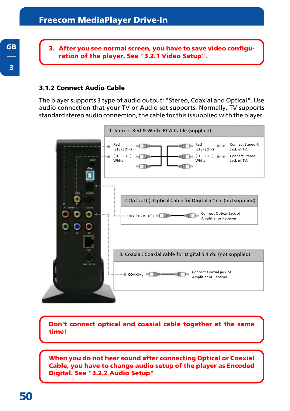 2 connect audio cable, Freecom mediaplayer drive-in, Gb 3 | Freecom Technologies MediaPlayer Drive-In Kit User Manual | Page 50 / 78