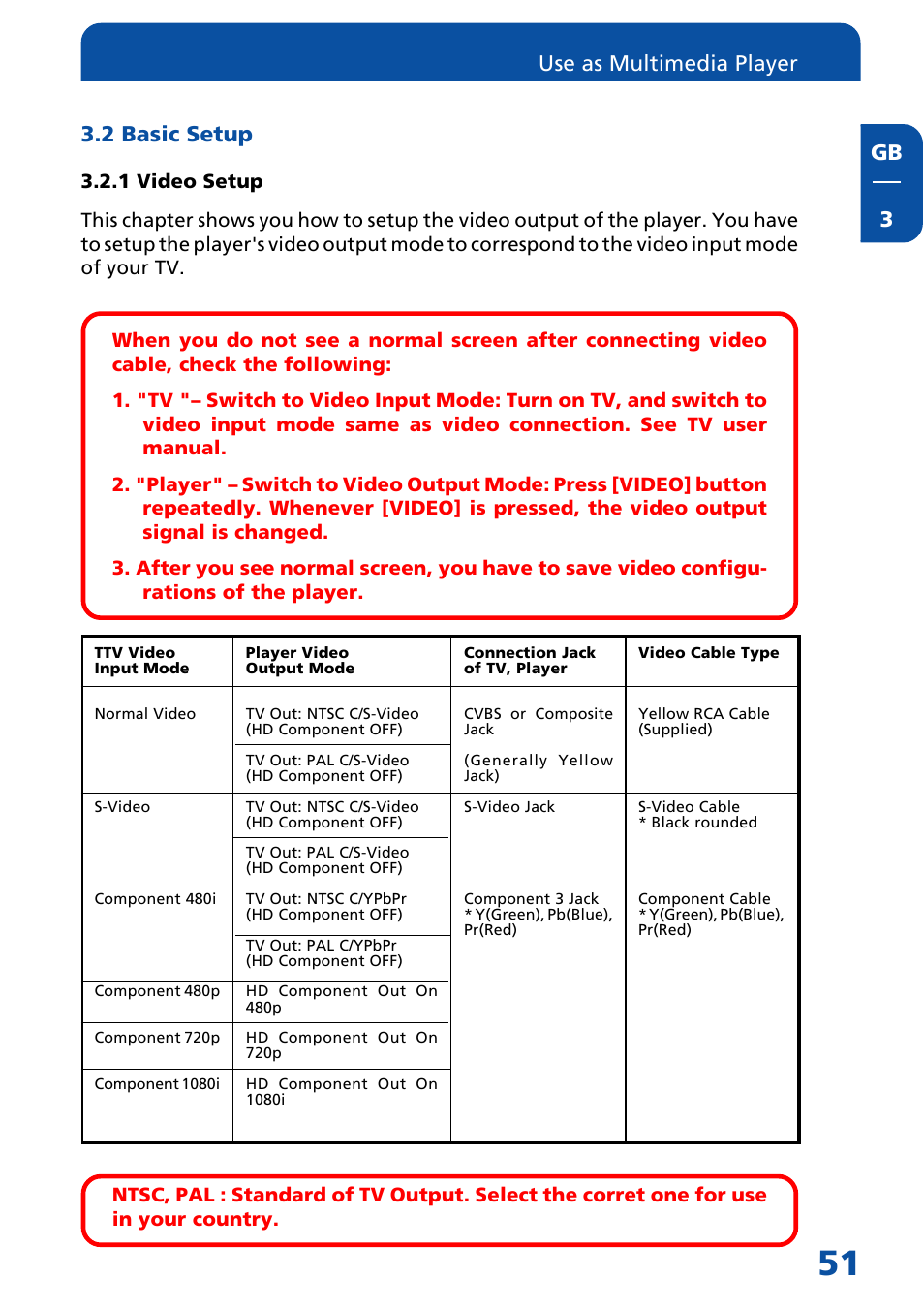 2 basic setup, 1 video setup, Gb 3 3.2 basic setup | Use as multimedia player | Freecom Technologies MediaPlayer Drive-In Kit User Manual | Page 51 / 78