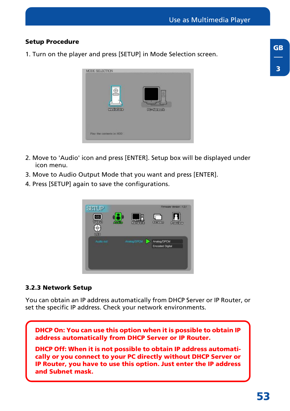 3 network setup | Freecom Technologies MediaPlayer Drive-In Kit User Manual | Page 53 / 78