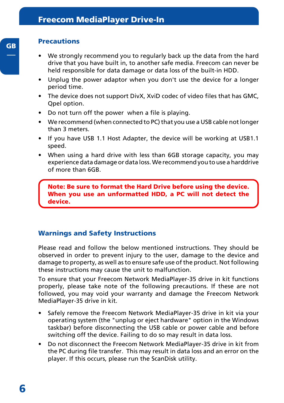 Precautions, Warnings and safety instructions, Freecom mediaplayer drive-in | Freecom Technologies MediaPlayer Drive-In Kit User Manual | Page 6 / 78