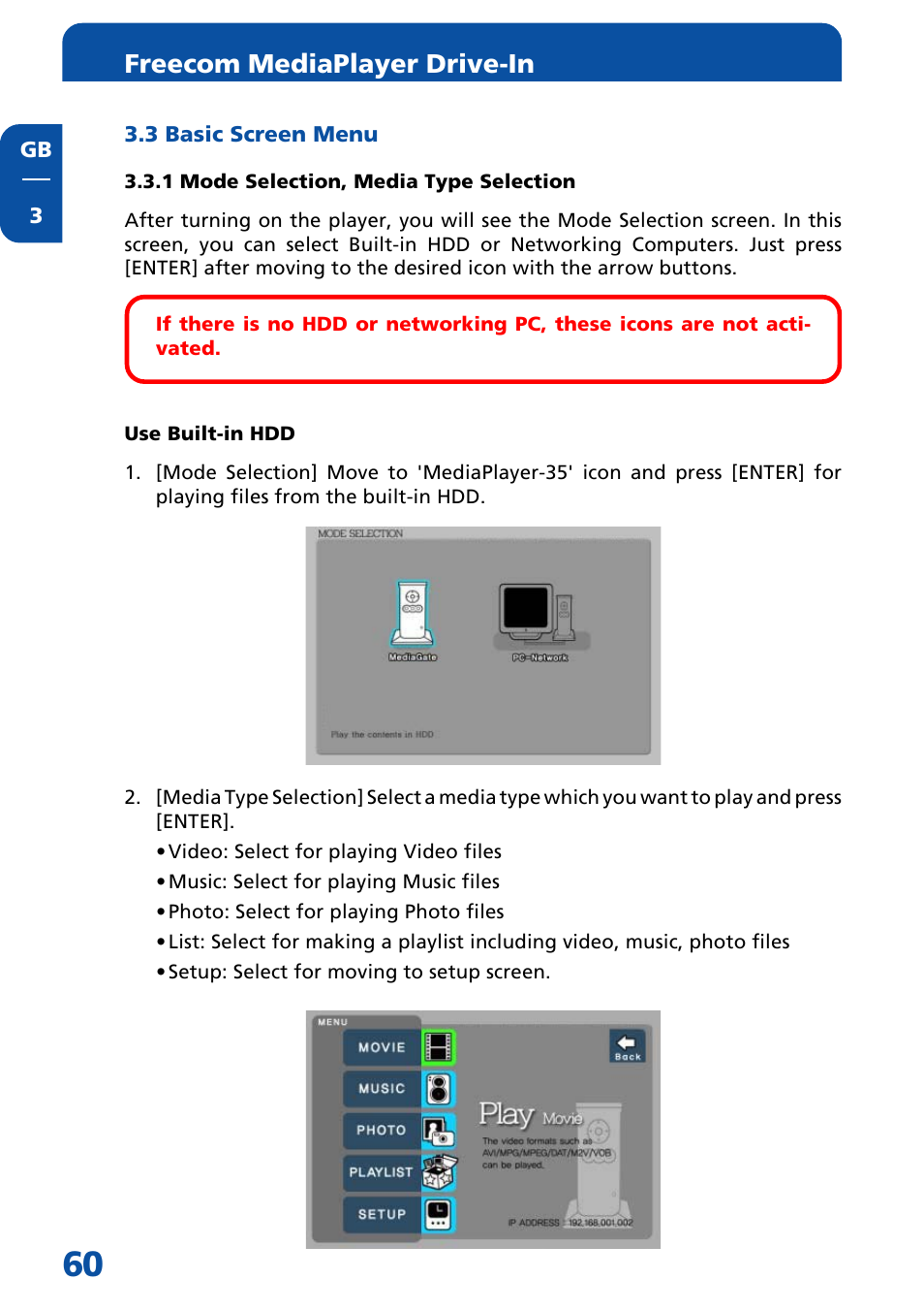 3 basic screen menu, 1 mode selection, media type selection, Freecom mediaplayer drive-in | Freecom Technologies MediaPlayer Drive-In Kit User Manual | Page 60 / 78