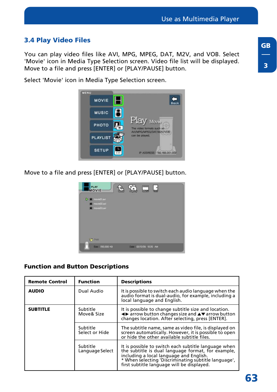 4 play video files, Gb 3 3.4 play video files, Use as multimedia player | Freecom Technologies MediaPlayer Drive-In Kit User Manual | Page 63 / 78