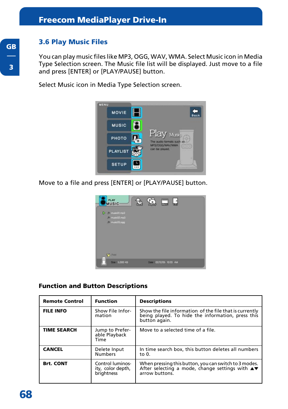 6 play music files, Freecom mediaplayer drive-in, Gb 3 3.6 play music files | Freecom Technologies MediaPlayer Drive-In Kit User Manual | Page 68 / 78