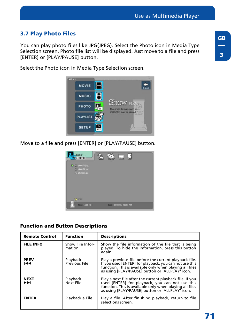 7 play photo files, Gb 3 3.7 play photo files, Use as multimedia player | Freecom Technologies MediaPlayer Drive-In Kit User Manual | Page 71 / 78