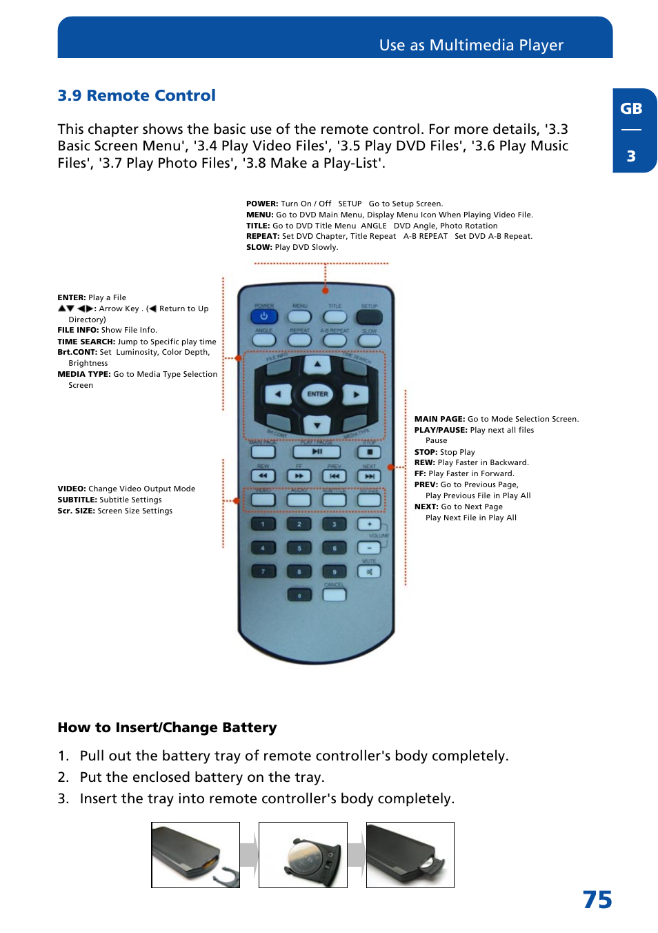 9 remote control, Gb 3, Use as multimedia player | Freecom Technologies MediaPlayer Drive-In Kit User Manual | Page 75 / 78