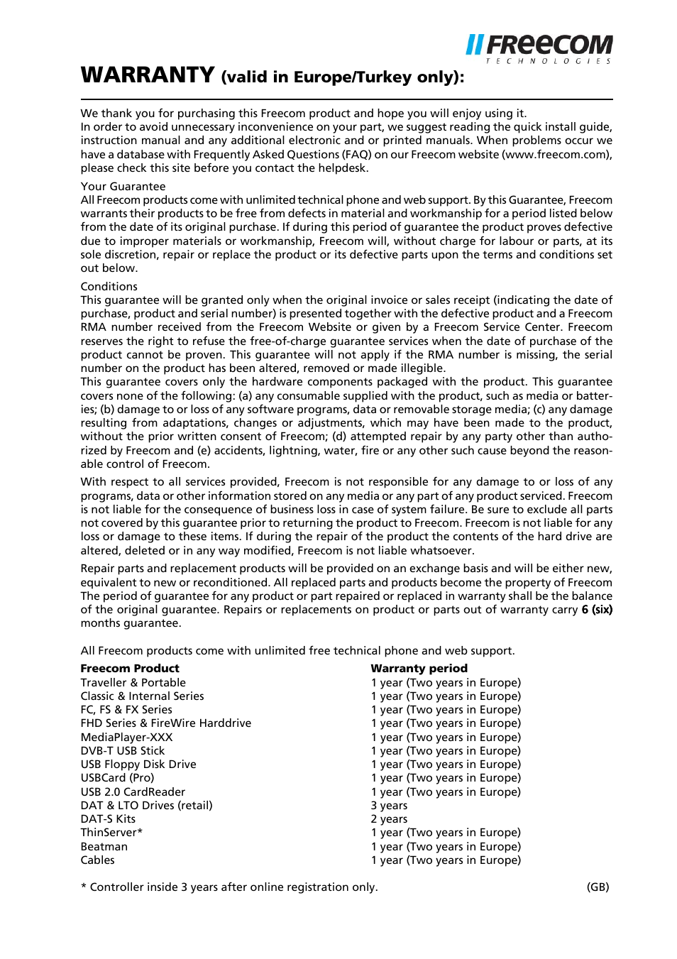 Warranty, Valid in europe/turkey only) | Freecom Technologies MediaPlayer Drive-In Kit User Manual | Page 78 / 78