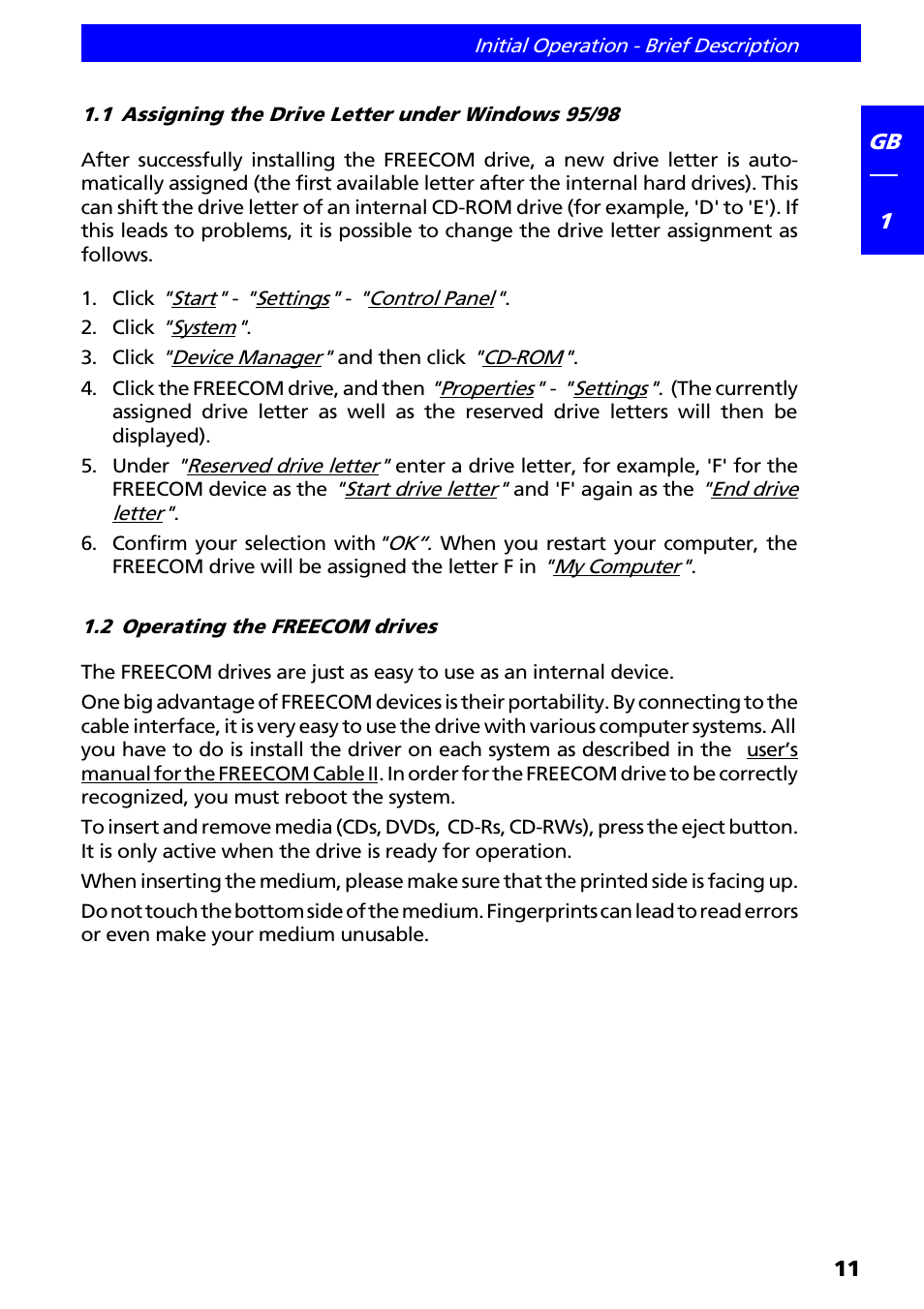 1 assigning the drive letter under windows 95/98, 2 operating the freecom drives | Freecom Technologies II User Manual | Page 11 / 24