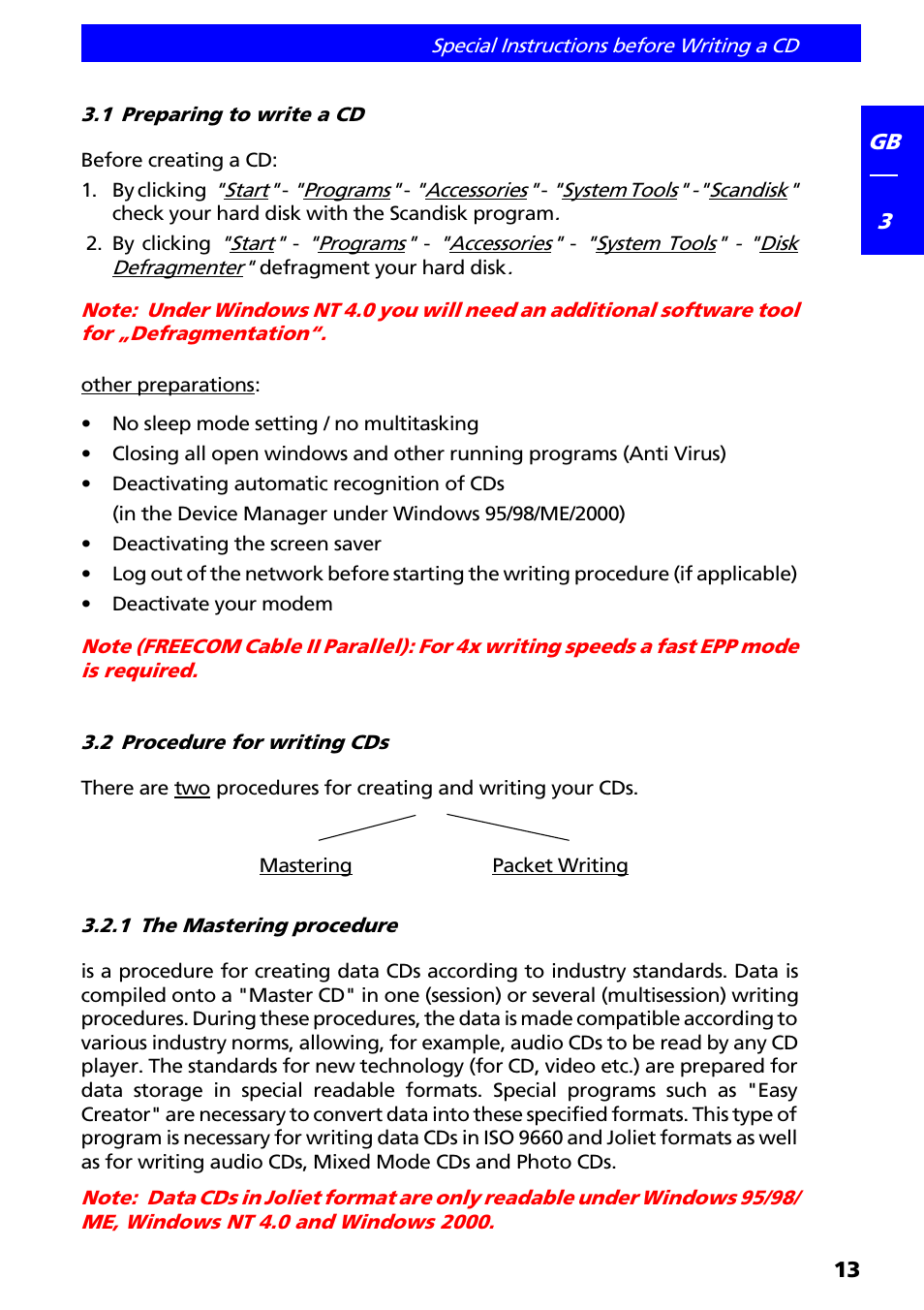 1 preparing to write a cd, 2 procedure for writing cds, 1 the mastering procedure | Freecom Technologies II User Manual | Page 13 / 24