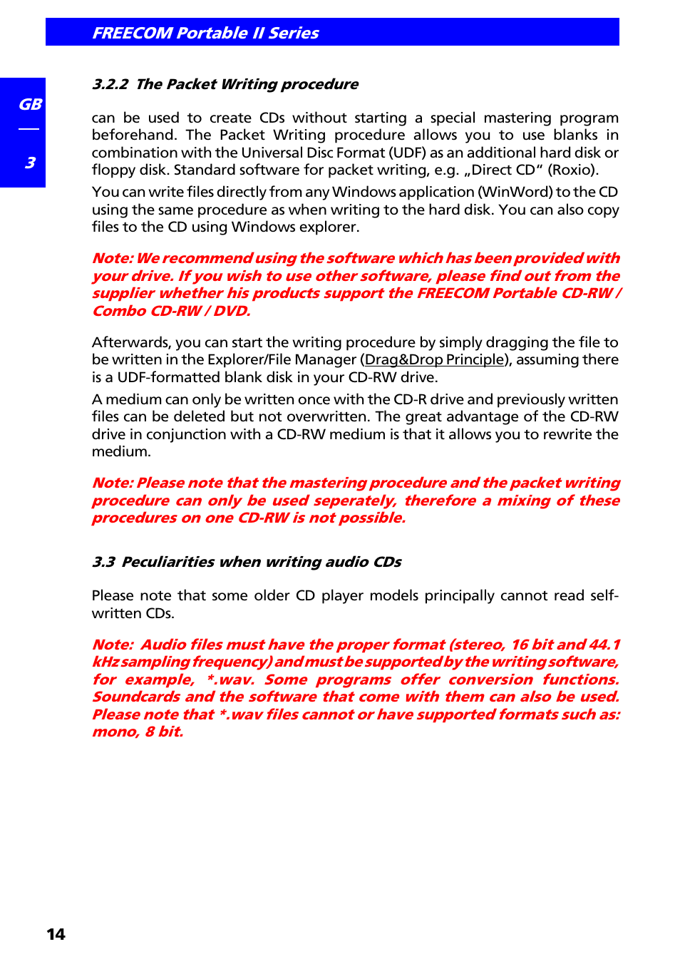 2 the packet writing procedure, 3 peculiarities when writing audio cds | Freecom Technologies II User Manual | Page 14 / 24