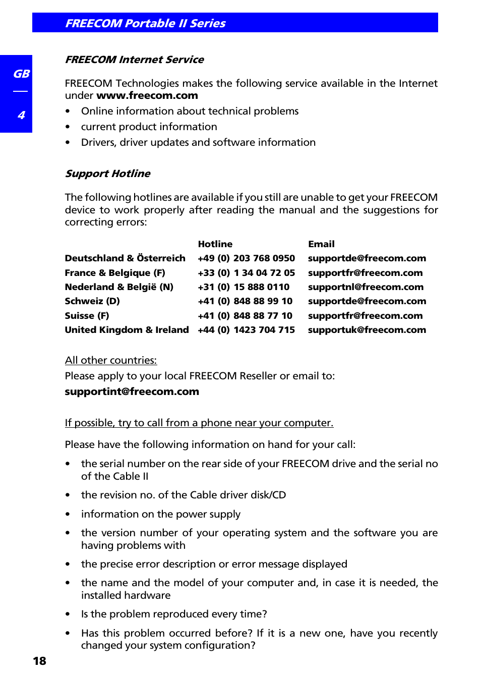 Freecom internet service, Support hotline | Freecom Technologies II User Manual | Page 18 / 24