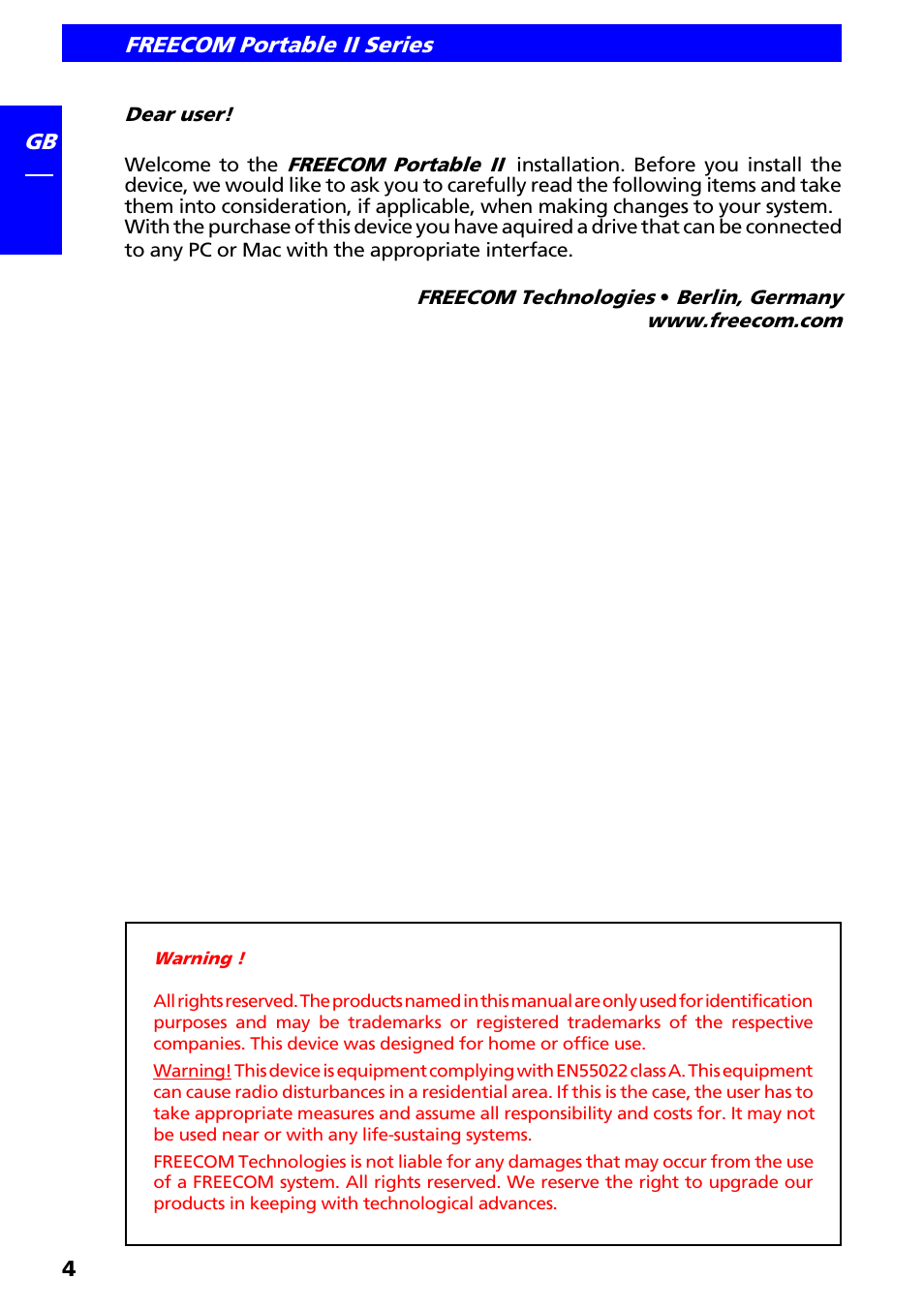 Dear user | Freecom Technologies II User Manual | Page 4 / 24