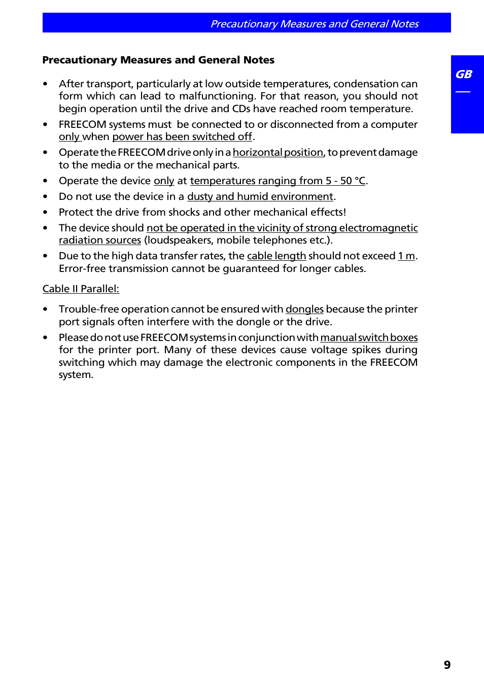 Precautionary measures and general notes | Freecom Technologies II User Manual | Page 9 / 24