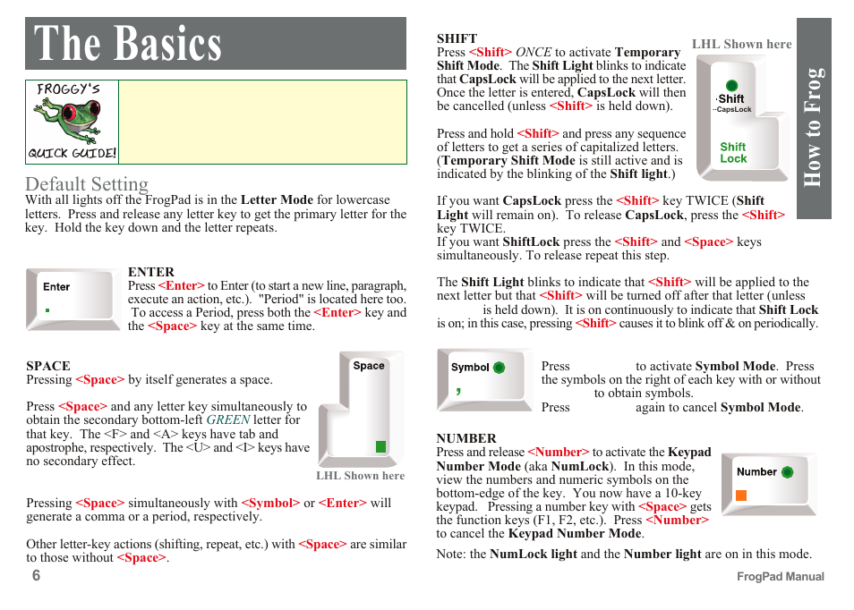 The basics, How to frog, Default setting | FrogPad USB User Manual | Page 6 / 12