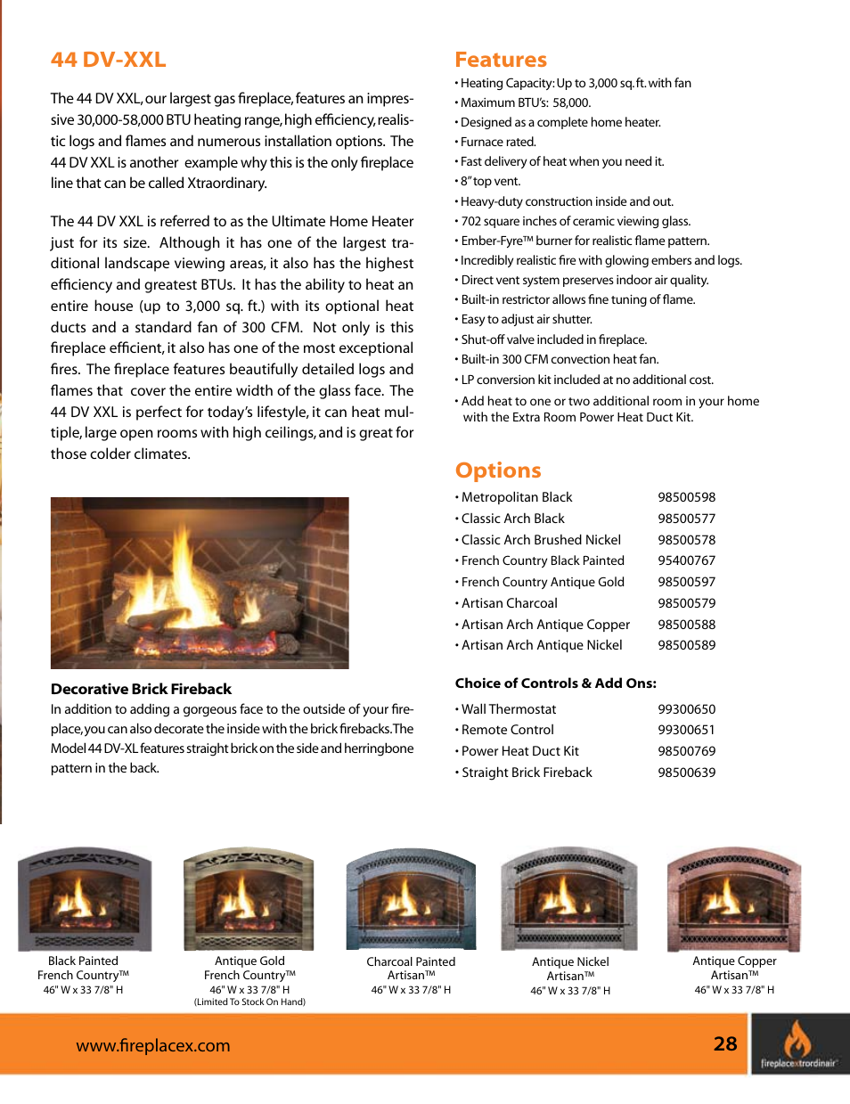 44 dv -xx l, O ptions, Features | FireplaceXtrordinair 564 SS (Space Saver) User Manual | Page 29 / 36