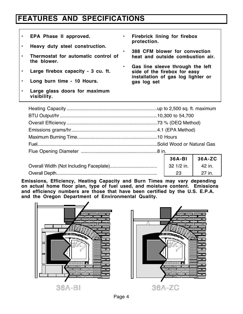 Features and specifications, 36a-bi 36a-zc | FireplaceXtrordinair 36A-BI User Manual | Page 4 / 30