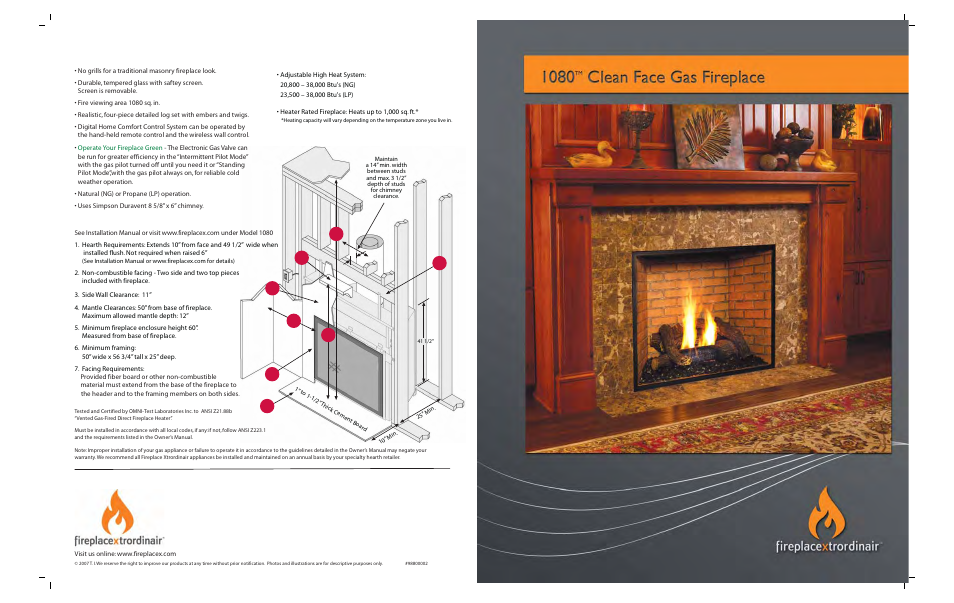 Features, Gas input rating & performance, Framing dimensions | FireplaceXtrordinair 1080 CF User Manual | Page 4 / 4