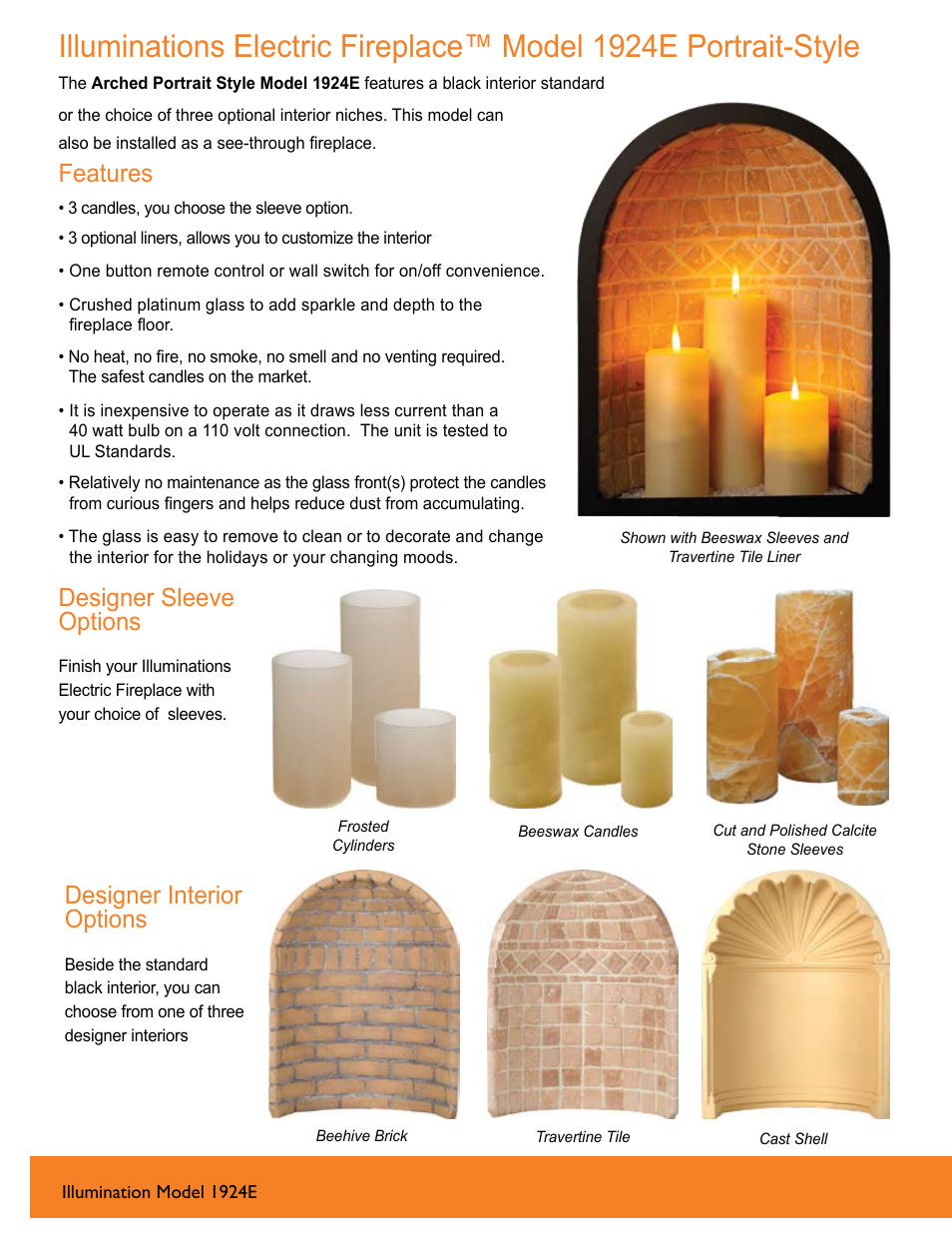 Designer sleeve options, Designer interior options, Features | FireplaceXtrordinair 4915E User Manual | Page 4 / 8