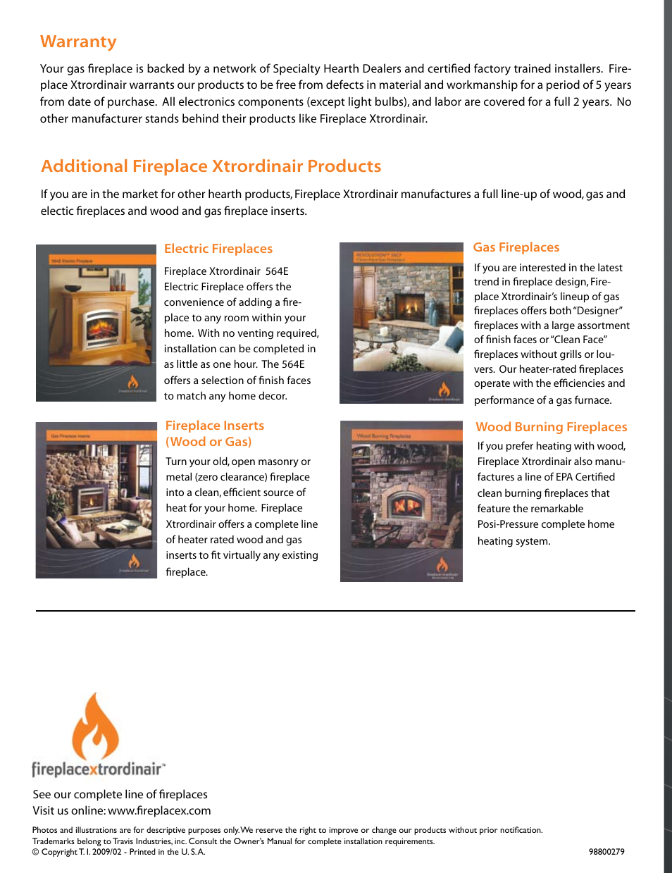 Warranty, Additional fireplace xtrordinair products | FireplaceXtrordinair 4915E User Manual | Page 8 / 8