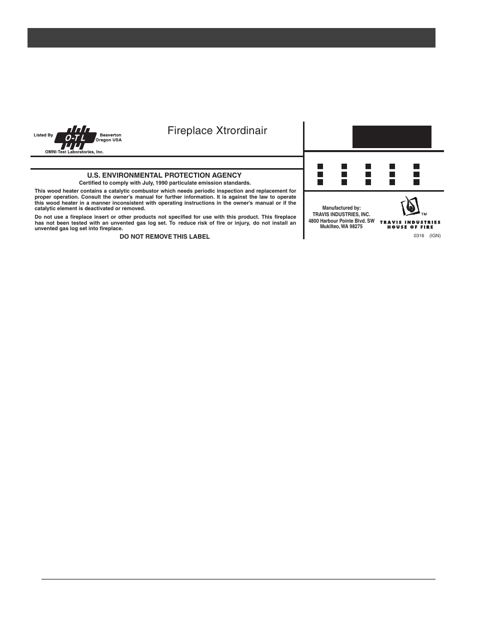 Safety label, Fireplace xtrordinair | FireplaceXtrordinair 44-Elite User Manual | Page 20 / 24