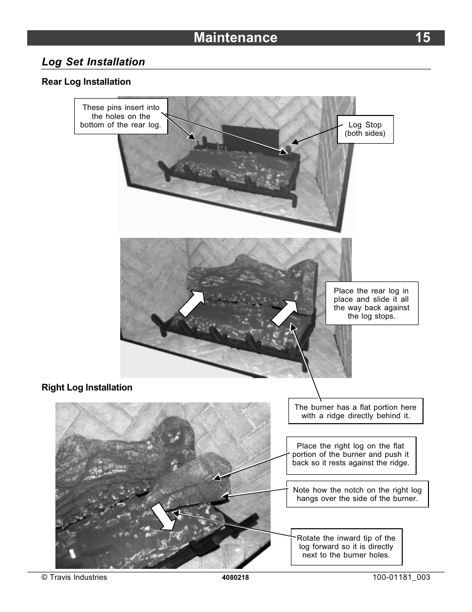 Maintenance 15, Log set installation | FireplaceXtrordinair 864 HH User Manual | Page 15 / 26