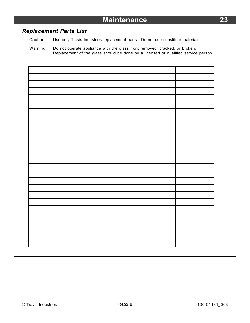 Maintenance 23, Replacement parts list | FireplaceXtrordinair 864 HH User Manual | Page 23 / 26