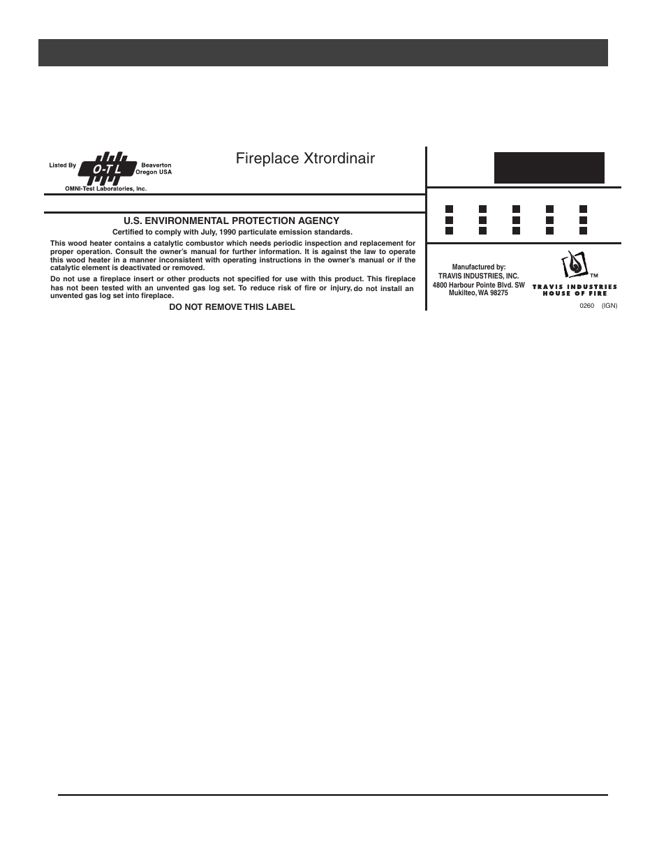 Safety label, Fireplace xtrordinair | FireplaceXtrordinair Elite Fireplacextrodin 36-Elite User Manual | Page 20 / 24