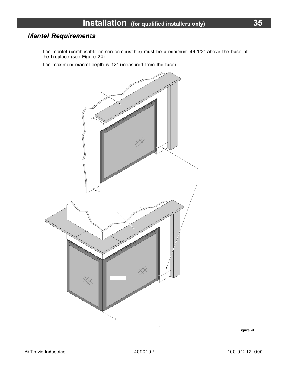 Installation, Mantel requirements, For qualified installers only) | See through pier | FireplaceXtrordinair Revolution 36CF User Manual | Page 35 / 48