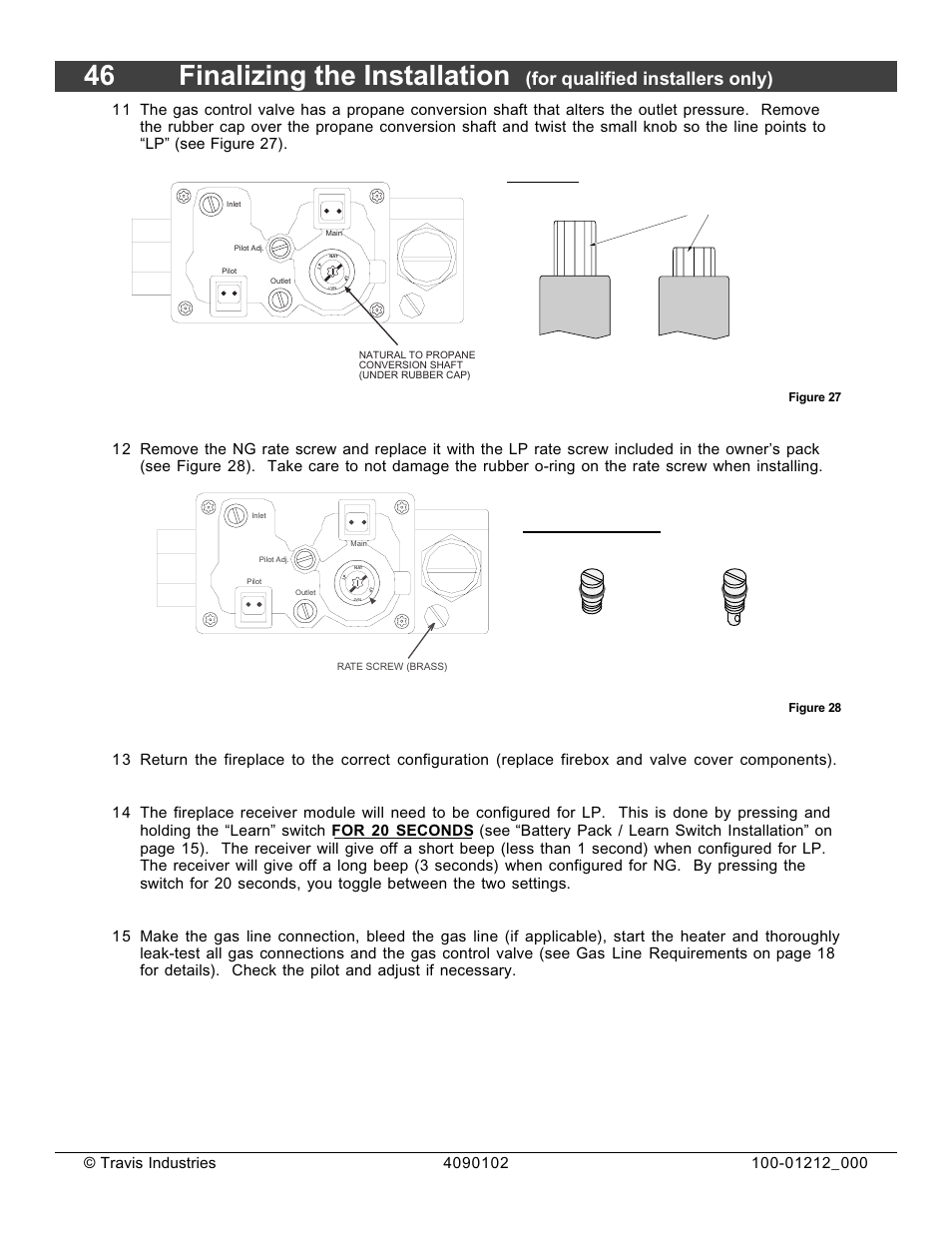 46 finalizing the installation, Lp (propane) ng (natural gas) rate screws, For qualified installers only) | FireplaceXtrordinair Revolution 36CF User Manual | Page 46 / 48