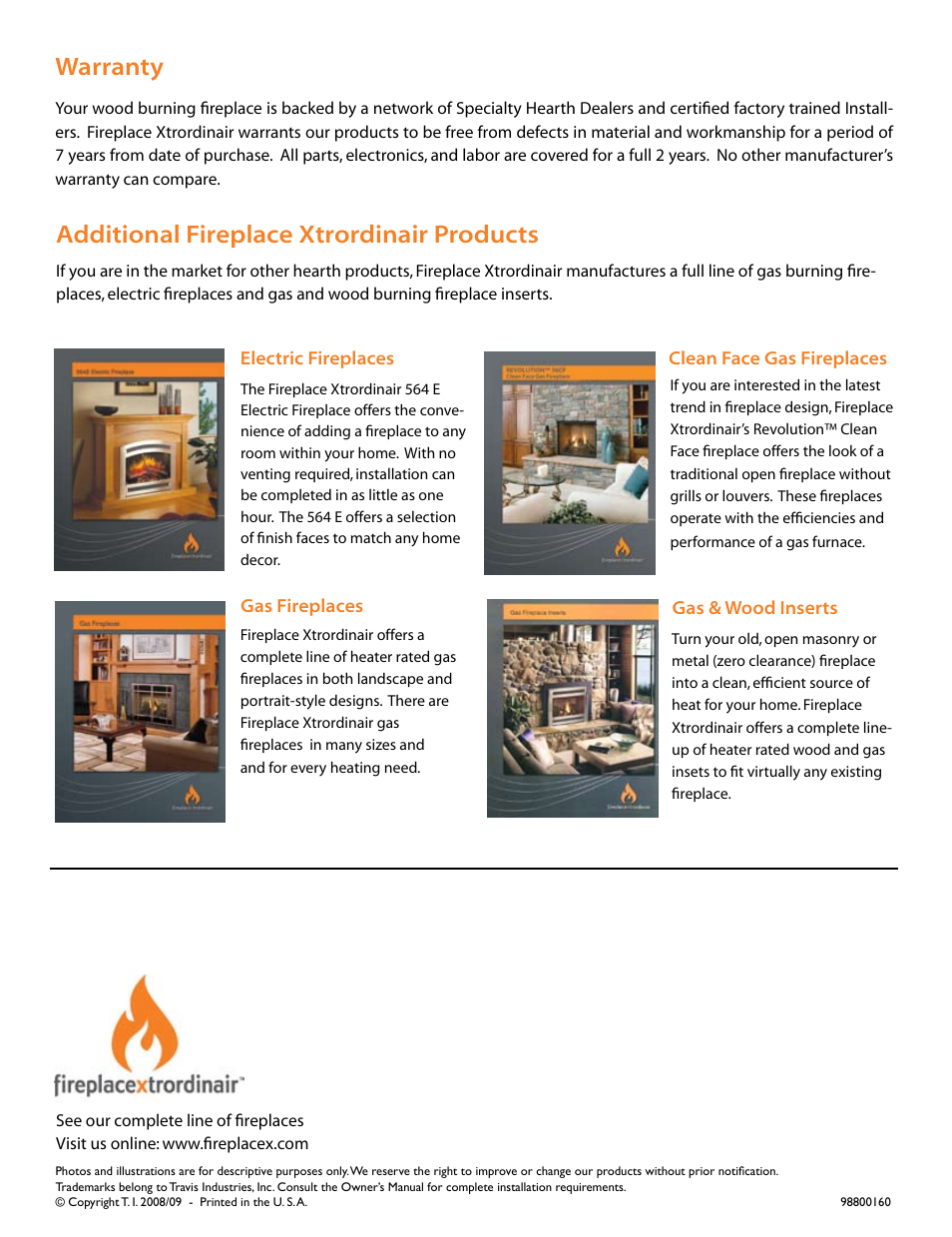 Warranty, Additional fireplace xtrordinair products | FireplaceXtrordinair FPX 44 User Manual | Page 8 / 8