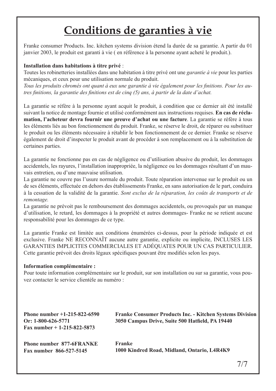 Conditions de garanties à vie | Franke Consumer Products FF 1800 User Manual | Page 15 / 22