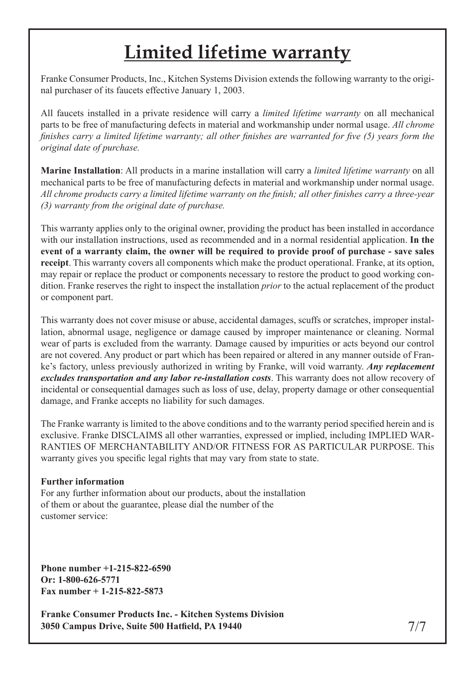 Limited lifetime warranty | Franke Consumer Products FF 1800 User Manual | Page 8 / 22