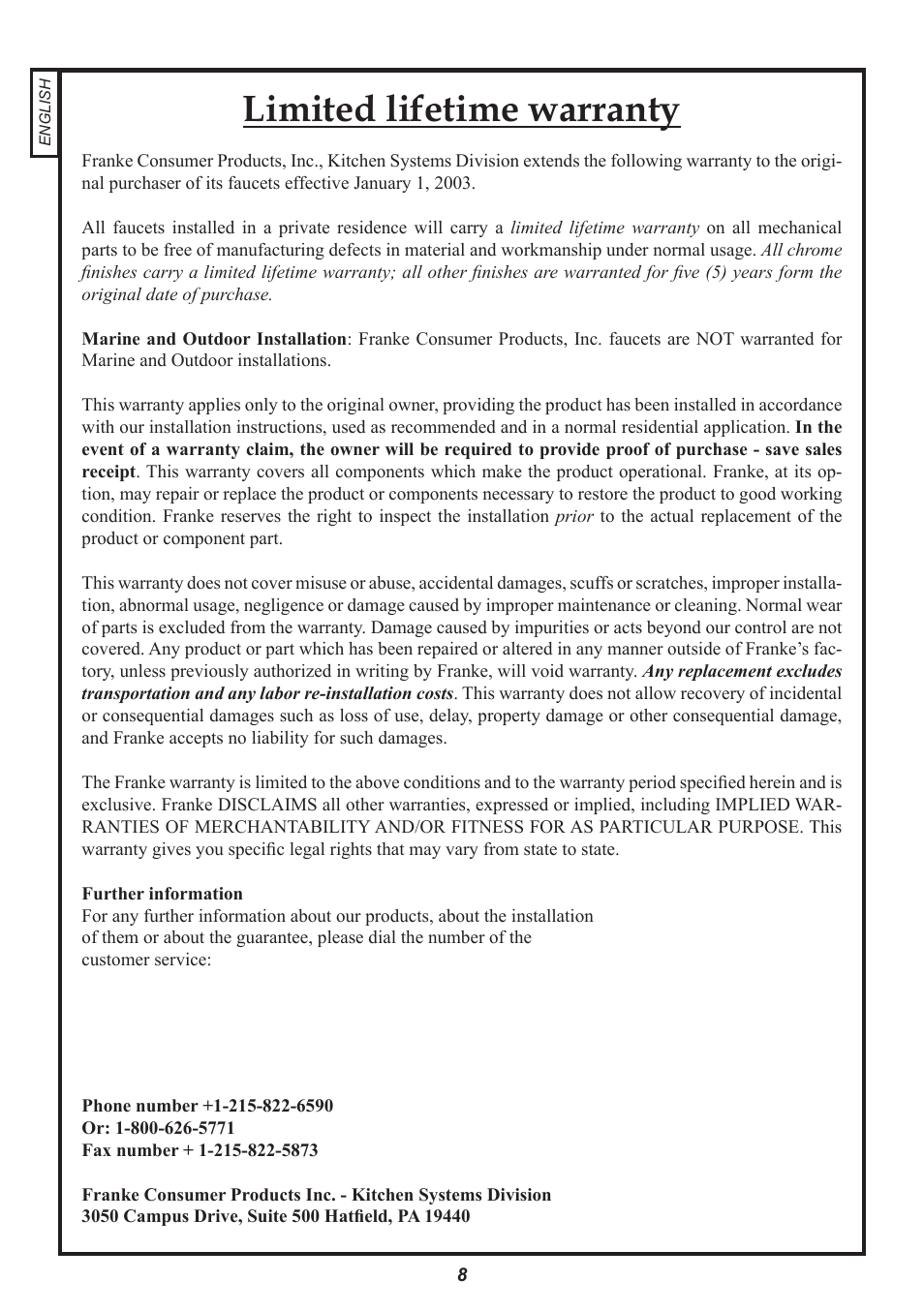 Limited lifetime warranty | Franke Consumer Products FFPD100 User Manual | Page 8 / 8