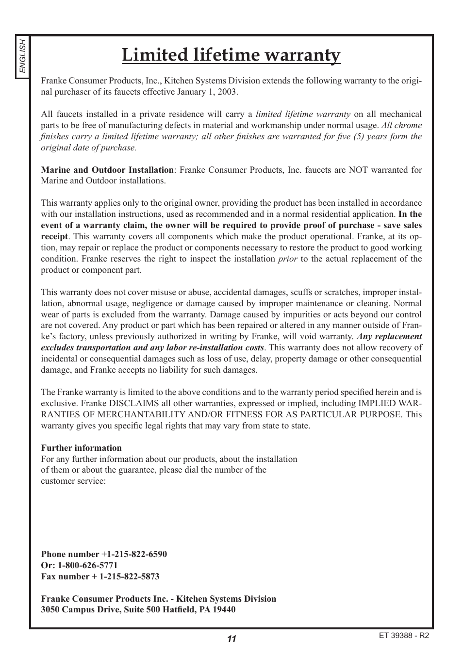 Limited lifetime warranty | Franke Consumer Products FF 5000 User Manual | Page 11 / 11