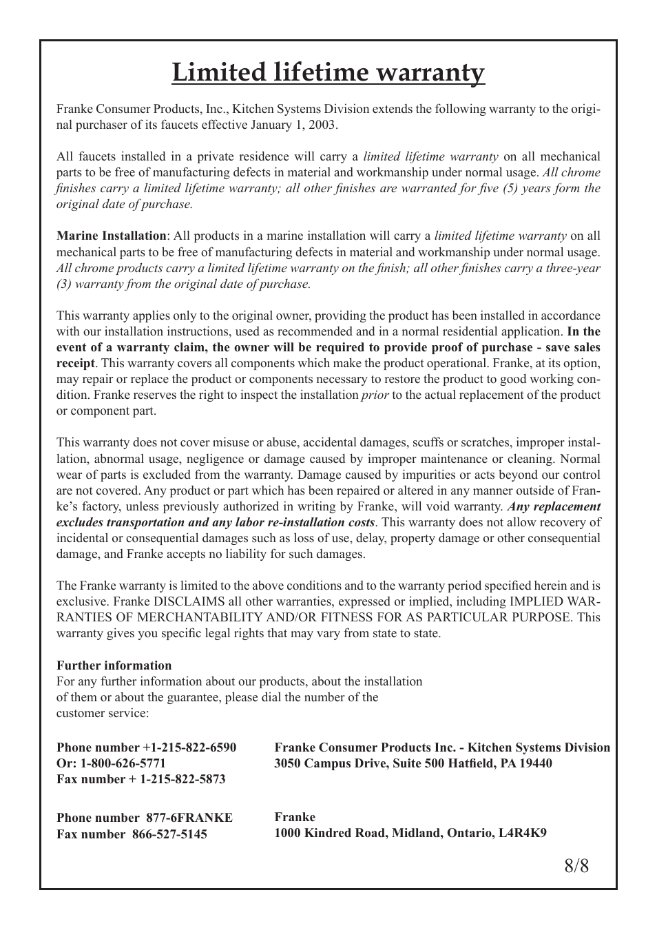Limited lifetime warranty | Franke Consumer Products FF-2000 User Manual | Page 9 / 26