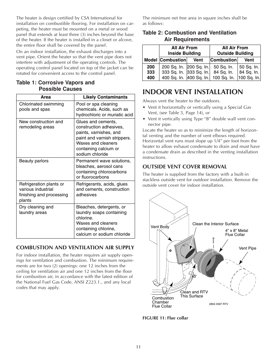 Indoor vent installation | Five Star Sr200na User Manual | Page 11 / 40