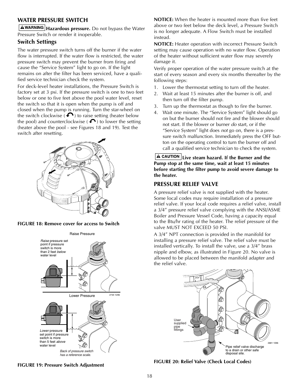 Water pressure switch, Switch settings, Pressure relief valve | Five Star Sr200na User Manual | Page 18 / 40