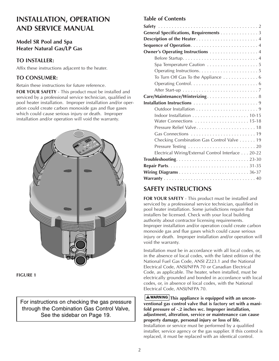 Installation, operation and service manual, Safety instructions | Five Star Sr200na User Manual | Page 2 / 40