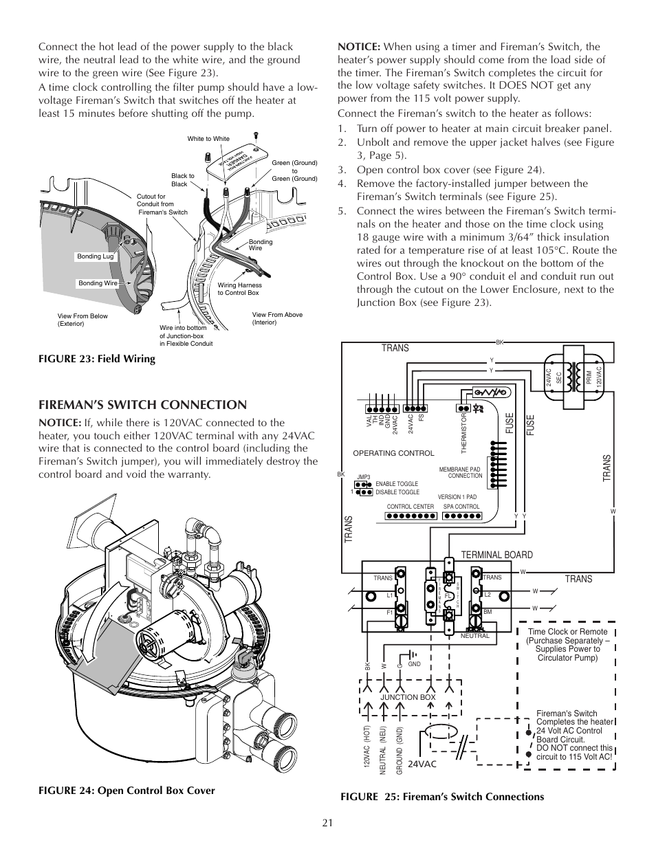 Fireman’s switch connection, Pr es s ta b ve nt pil ot of f off o n on, Terminal board trans trans trans trans fuse fuse | Five Star Sr200na User Manual | Page 21 / 40