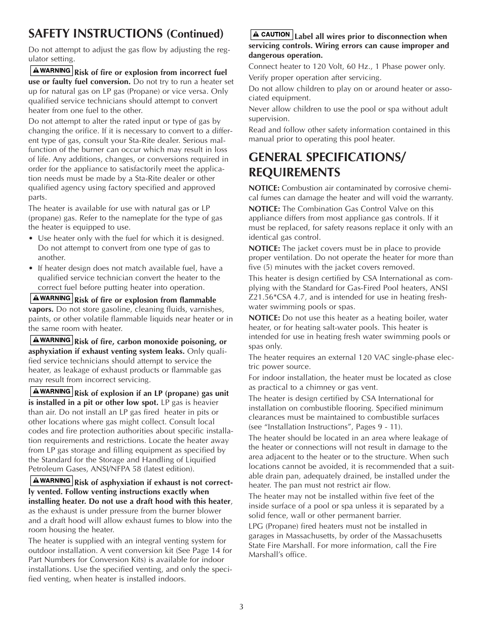 Safety instructions, General specifications/ requirements, Continued | Five Star Sr200na User Manual | Page 3 / 40