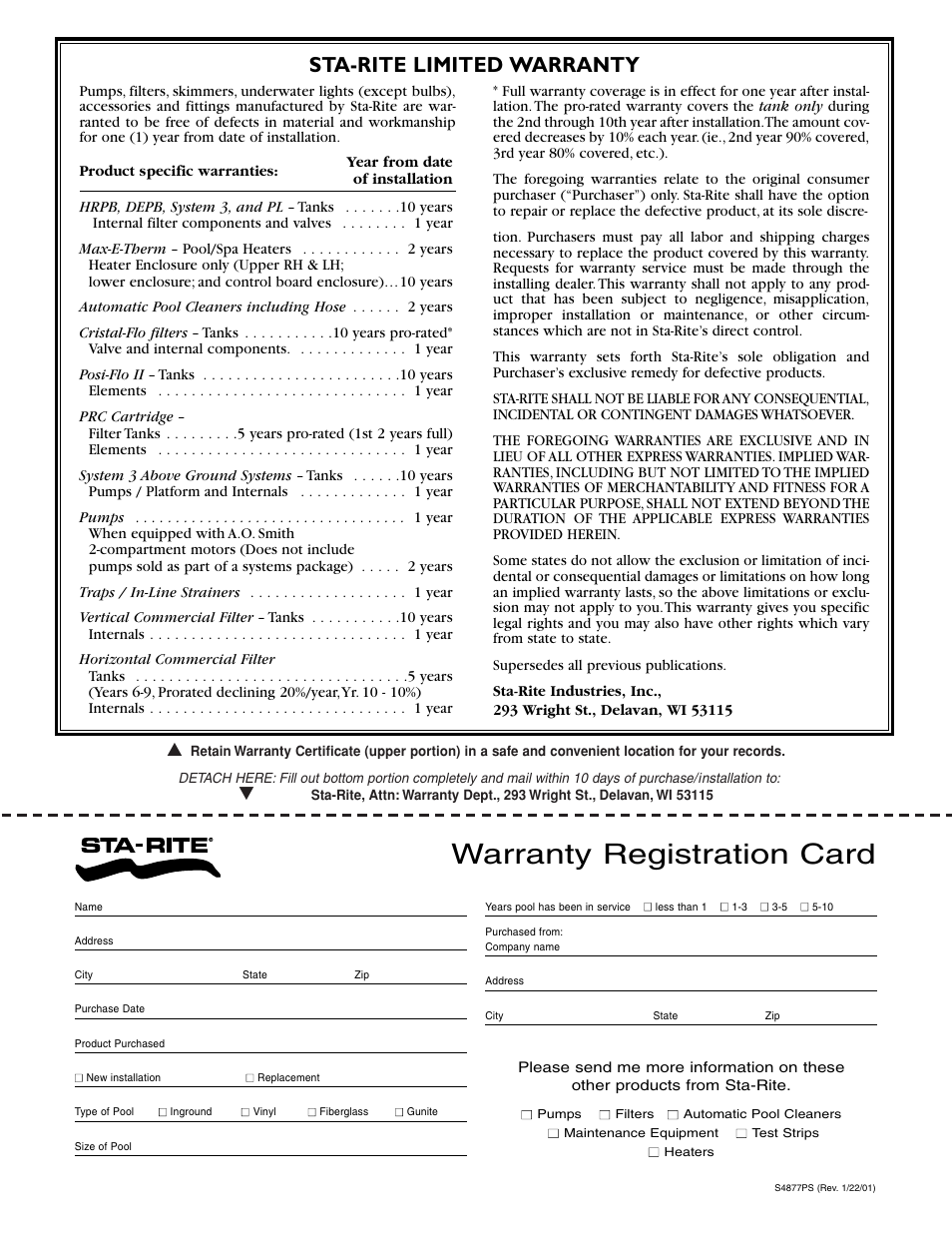 Warranty registration card, Sta-rite limited warranty | Five Star Sr200na User Manual | Page 40 / 40