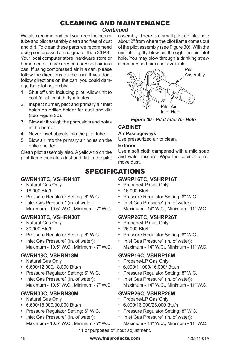 Cleaning and maintenance, Specifications | FMI PFS US VSHRP26M User Manual | Page 18 / 28