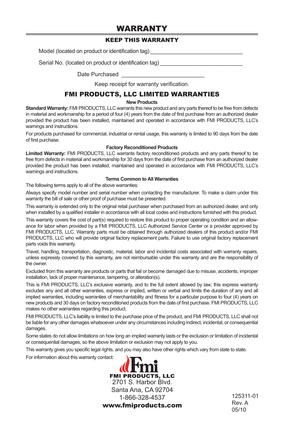 Warranty, Fmi products, llc limited warranties | FMI PFS US VSHRP26M User Manual | Page 28 / 28