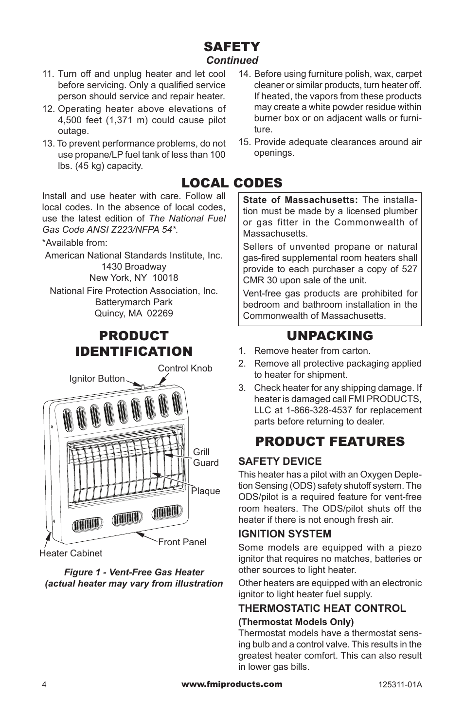 Safety, Local codes, Product identification unpacking | Product features | FMI PFS US VSHRP26M User Manual | Page 4 / 28