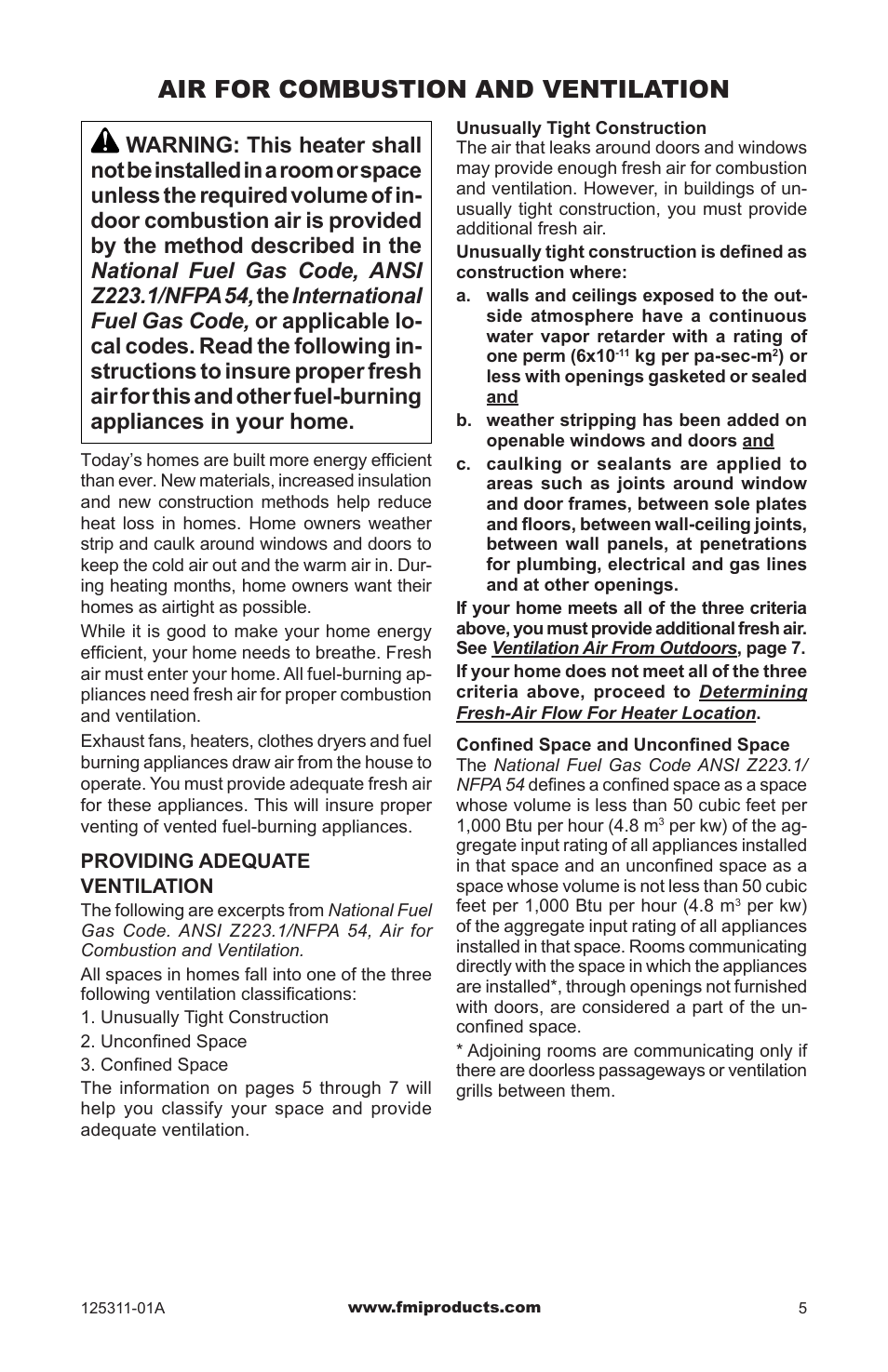 Air for combustion and ventilation | FMI PFS US VSHRP26M User Manual | Page 5 / 28